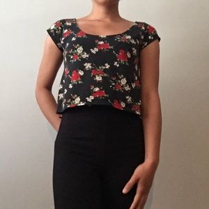 Black Crop Top with Red Flowers